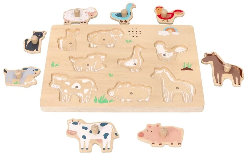 Adam Toys Garso lavinimo medinės fermos gyvūnų dėlionės vaikams nuo 18 mėn.