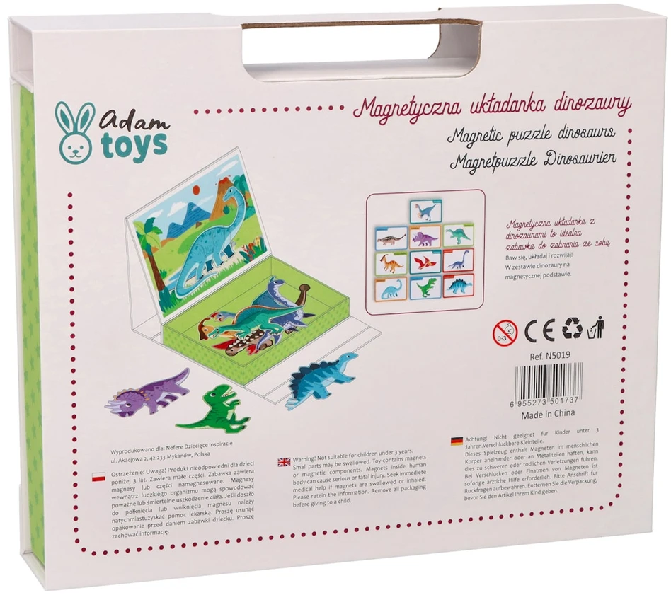 Adam Toys Magnetinė dinozaurų dėlionė su lenta ir 51 detalė, vaikams nuo 3 metų