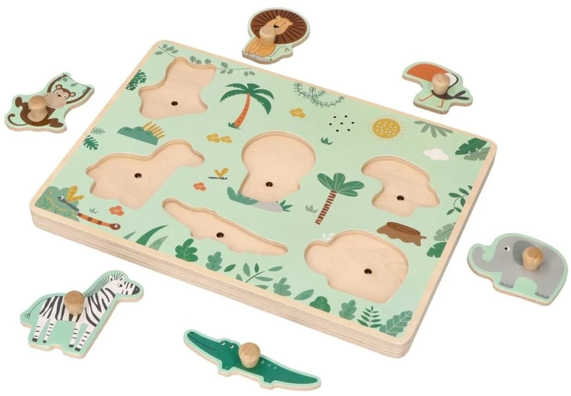 Adam Toys Medinė garsinė safari gyvūnų dėlionė su rankenėlėmis, vaikams nuo 18 mėn.