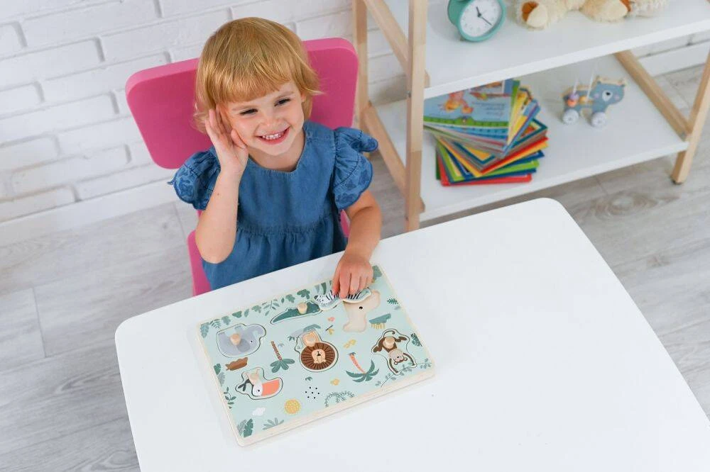 Adam Toys Medinė garsinė safari gyvūnų dėlionė su rankenėlėmis, vaikams nuo 18 mėn.