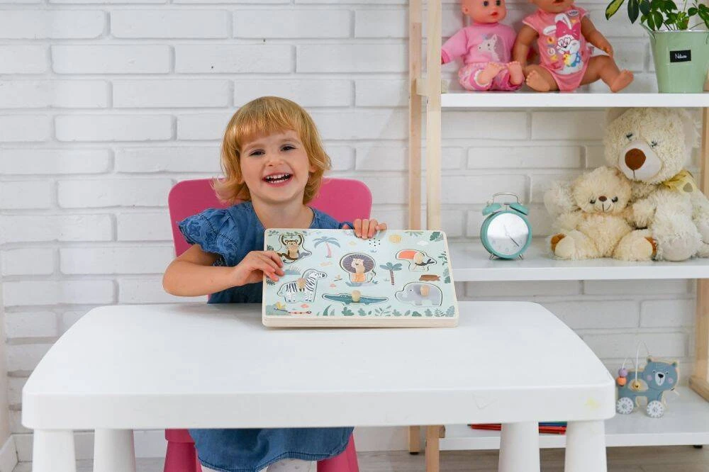 Adam Toys Medinė garsinė safari gyvūnų dėlionė su rankenėlėmis, vaikams nuo 18 mėn.