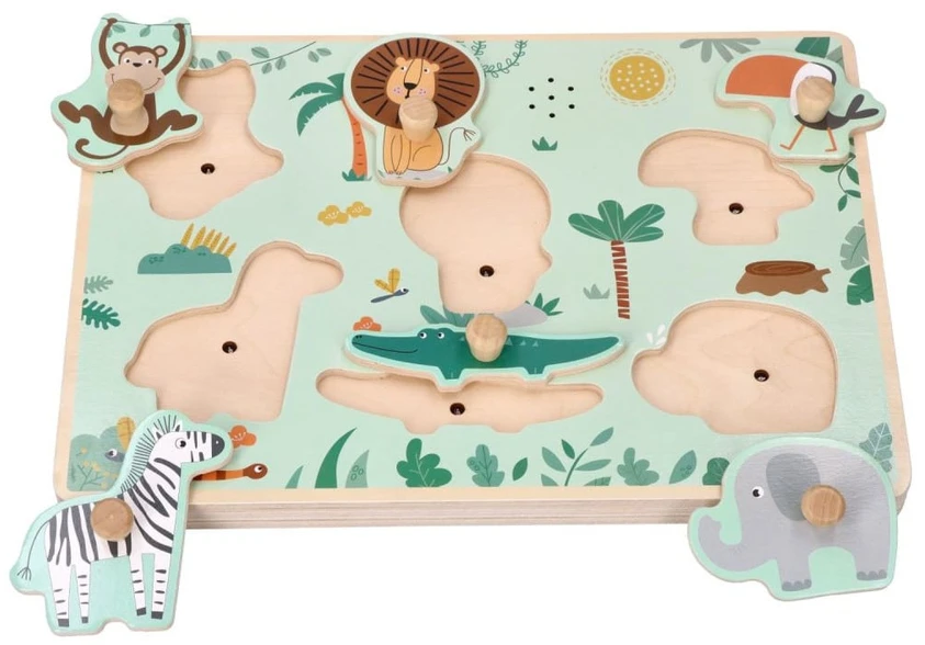 Adam Toys Medinė garsinė safari gyvūnų dėlionė su rankenėlėmis, vaikams nuo 18 mėn.
