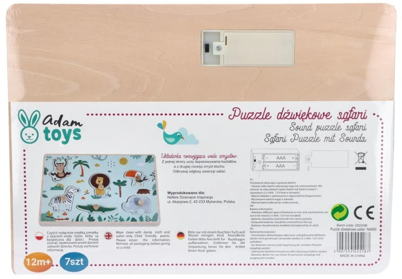 Adam Toys Medinė garsinė safari gyvūnų dėlionė su rankenėlėmis, vaikams nuo 18 mėn.