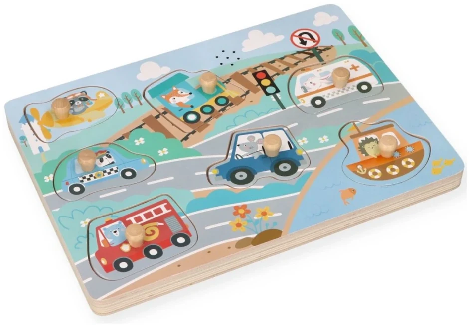 Adam Toys Medinė garsinė transporto priemonių dėlionė su rankenomis, vaikams nuo 2 metų
