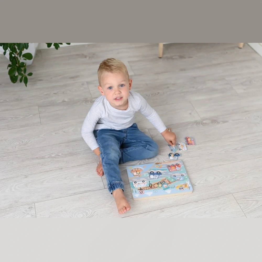 Adam Toys Medinė garsinė transporto priemonių dėlionė su rankenomis, vaikams nuo 2 metų