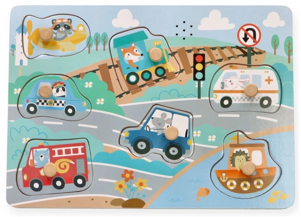 Adam Toys Medinė garsinė transporto priemonių dėlionė su rankenomis, vaikams nuo 2 metų