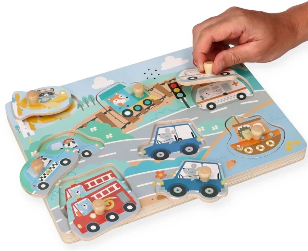 Adam Toys Medinė garsinė transporto priemonių dėlionė su rankenomis, vaikams nuo 2 metų