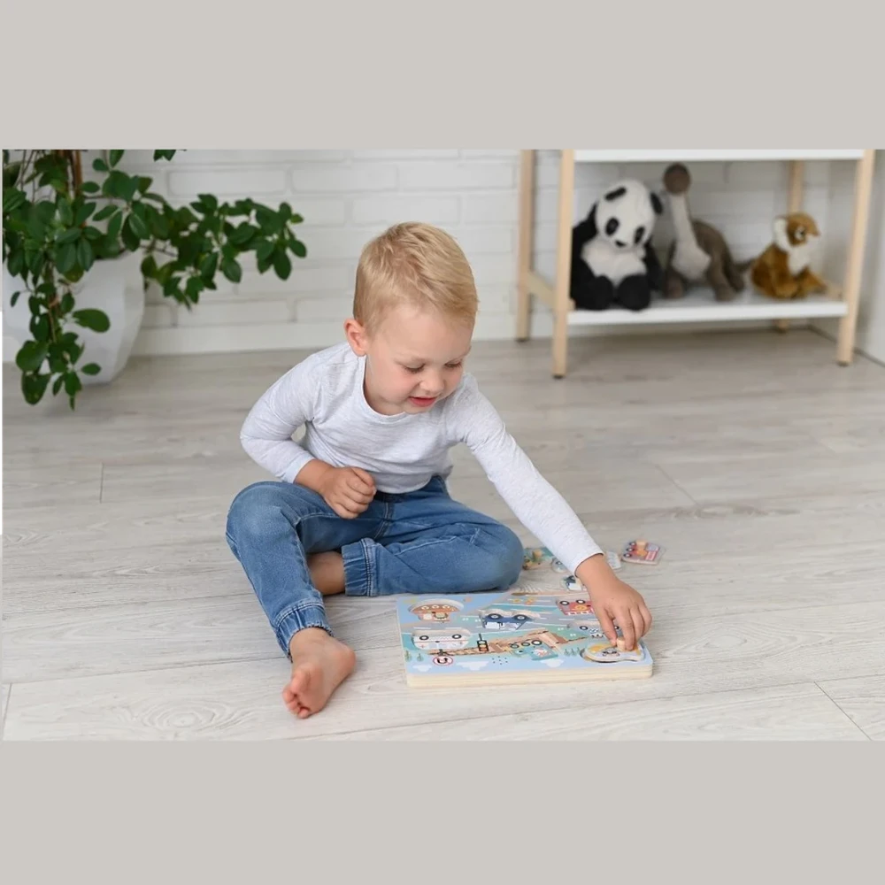 Adam Toys Medinė garsinė transporto priemonių dėlionė su rankenomis, vaikams nuo 2 metų