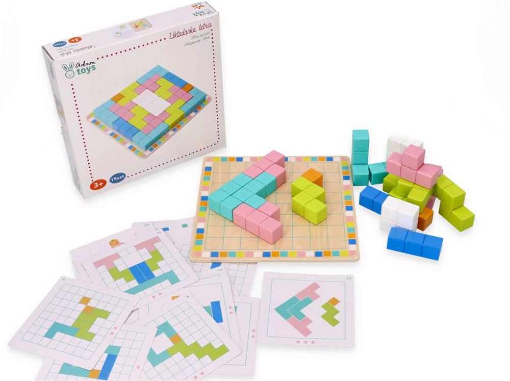 Adam Toys Medinė logikos žaidimo dėlionė Tetris su 18 spalvotų kaladėlių ir užduočių kortelėmis, vaikams nuo 3 metų