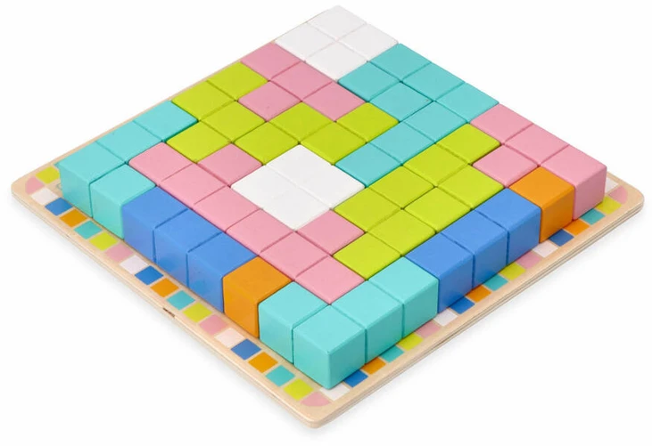 Adam Toys Medinė logikos žaidimo dėlionė Tetris su 18 spalvotų kaladėlių ir užduočių kortelėmis, vaikams nuo 3 metų