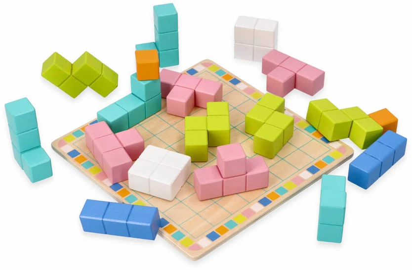 Adam Toys Medinė logikos žaidimo dėlionė Tetris su 18 spalvotų kaladėlių ir užduočių kortelėmis, vaikams nuo 3 metų
