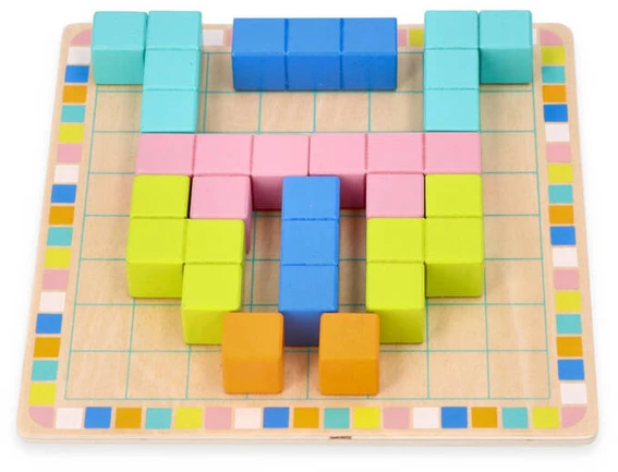 Adam Toys Medinė logikos žaidimo dėlionė Tetris su 18 spalvotų kaladėlių ir užduočių kortelėmis, vaikams nuo 3 metų