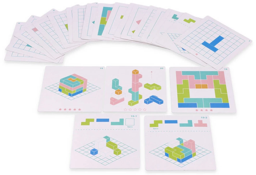 Adam Toys Medinė logikos žaidimo dėlionė Tetris su 18 spalvotų kaladėlių ir užduočių kortelėmis, vaikams nuo 3 metų