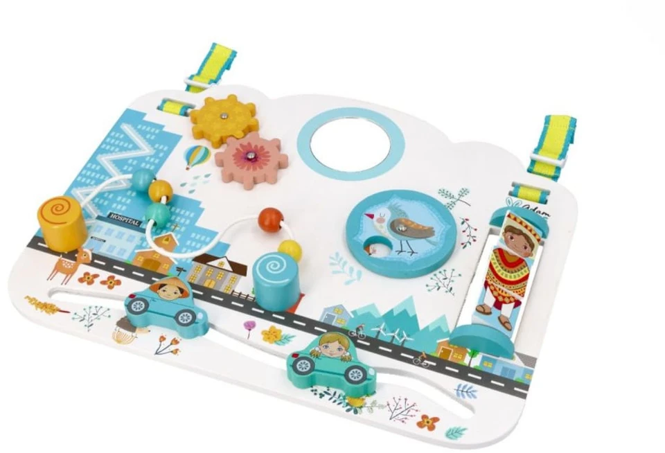 Adam Toys Medinė sensorinė veiklos lenta „Vaikų pasaulis“, skirta kūdikiams nuo 6 mėn., lavina smulkiąją motoriką, pastelė