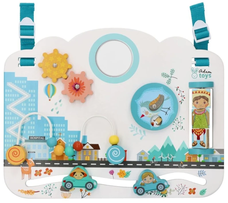 Adam Toys Medinė sensorinė veiklos lenta „Vaikų pasaulis“, skirta kūdikiams nuo 6 mėn., lavina smulkiąją motoriką, pastelė
