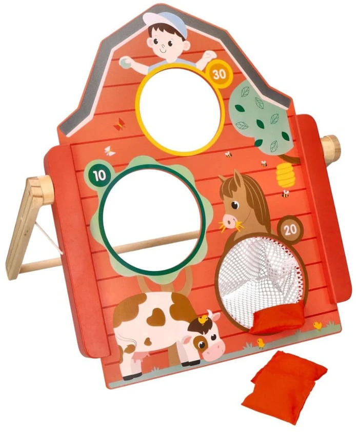 Adam Toys Medinė žaidimų lenta su taikiniais ir maišeliais, vaikams nuo 3 metų, lavina taiklumą, raudona