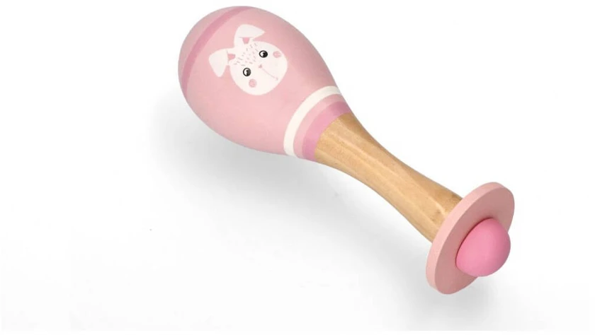 Adam Toys Medinis rožinis marakas su zuikučio figūra, kūdikiams nuo 5 mėn., sensoriniam vystymuisi