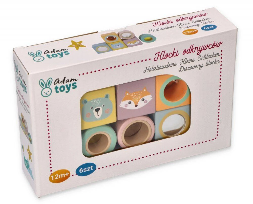 Adam Toys Sensorinių pojūčių mediniai lavinamieji kaladėlės vaikams nuo 12 mėn., 6 spalvų rinkinys