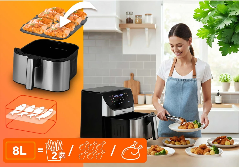 Bealiejė gruzdintuvė Berdsen BD-659, 8 l, 1700 W, sidabrinės spalvos