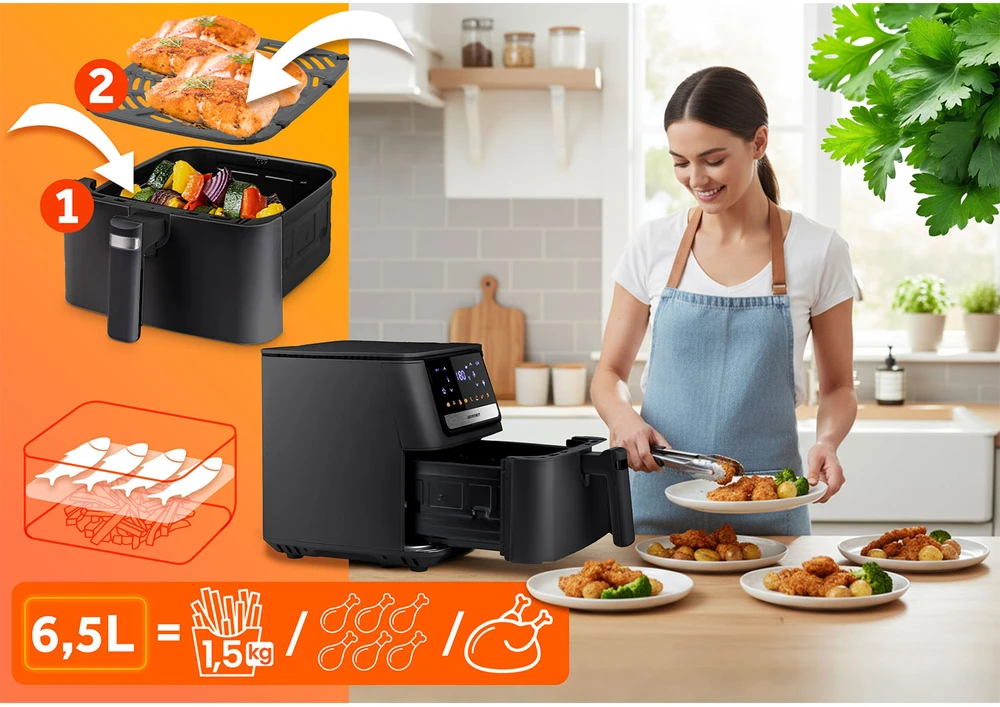Berdsen Gruzdintuvė be aliejaus, didelės talpos, sveikas maisto gaminimas, 6.5L, 1700W, gruzdintuvė be riebalų, virtuvės prietaisas, karšto oro gruzdintuvė