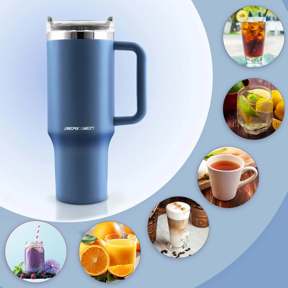 Berdsen mėlynas vakuuminis termosas-puodelis su šiaudelių rinkiniu 1180 ml