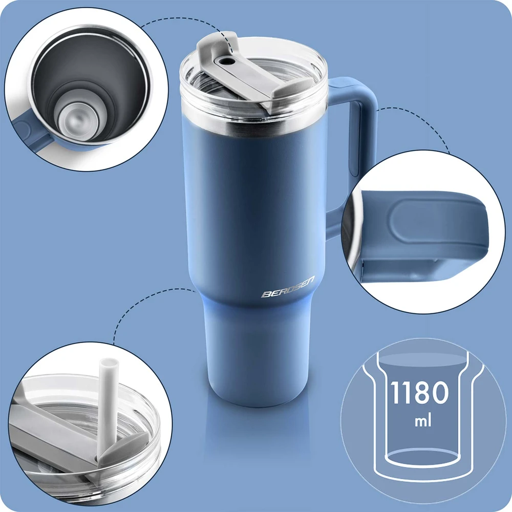 Berdsen mėlynas vakuuminis termosas-puodelis su šiaudelių rinkiniu 1180 ml