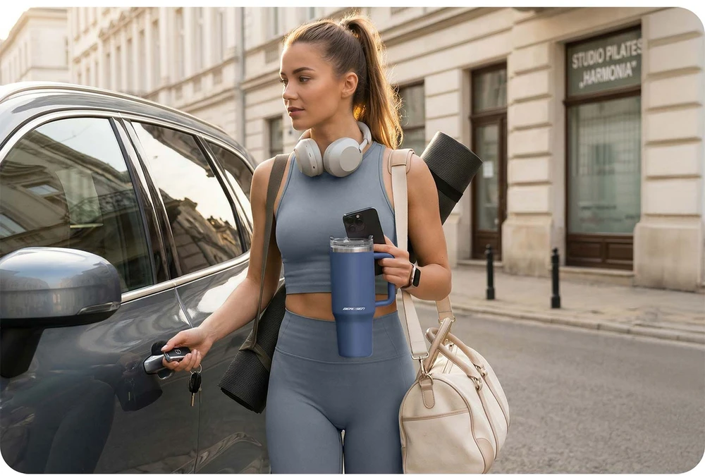 Berdsen mėlynas vakuuminis termosas-puodelis su šiaudelių rinkiniu 1180 ml