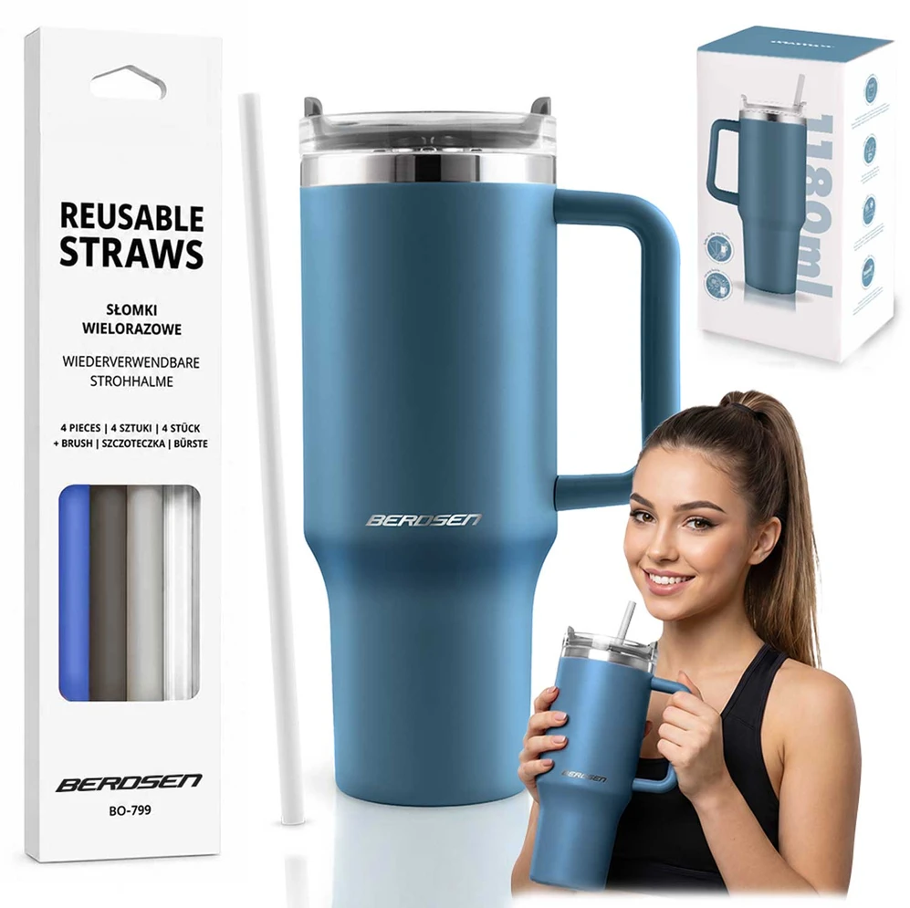 Berdsen mėlynas vakuuminis termosas-puodelis su šiaudelių rinkiniu 1180 ml