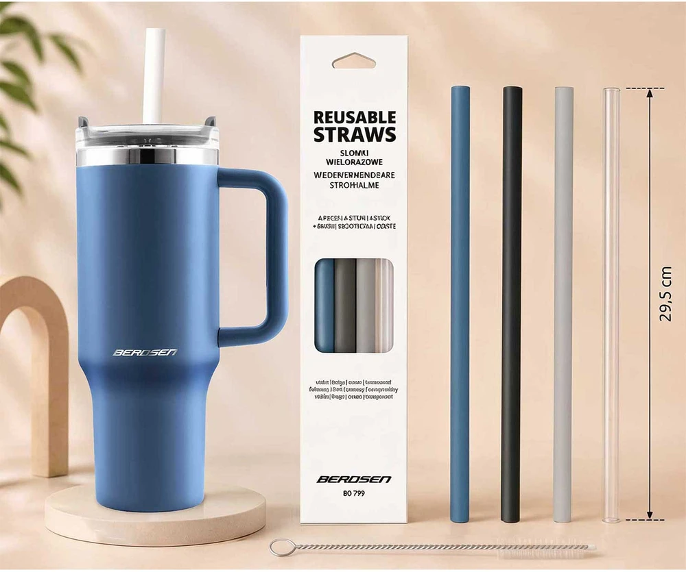 Berdsen mėlynas vakuuminis termosas-puodelis su šiaudelių rinkiniu 1180 ml