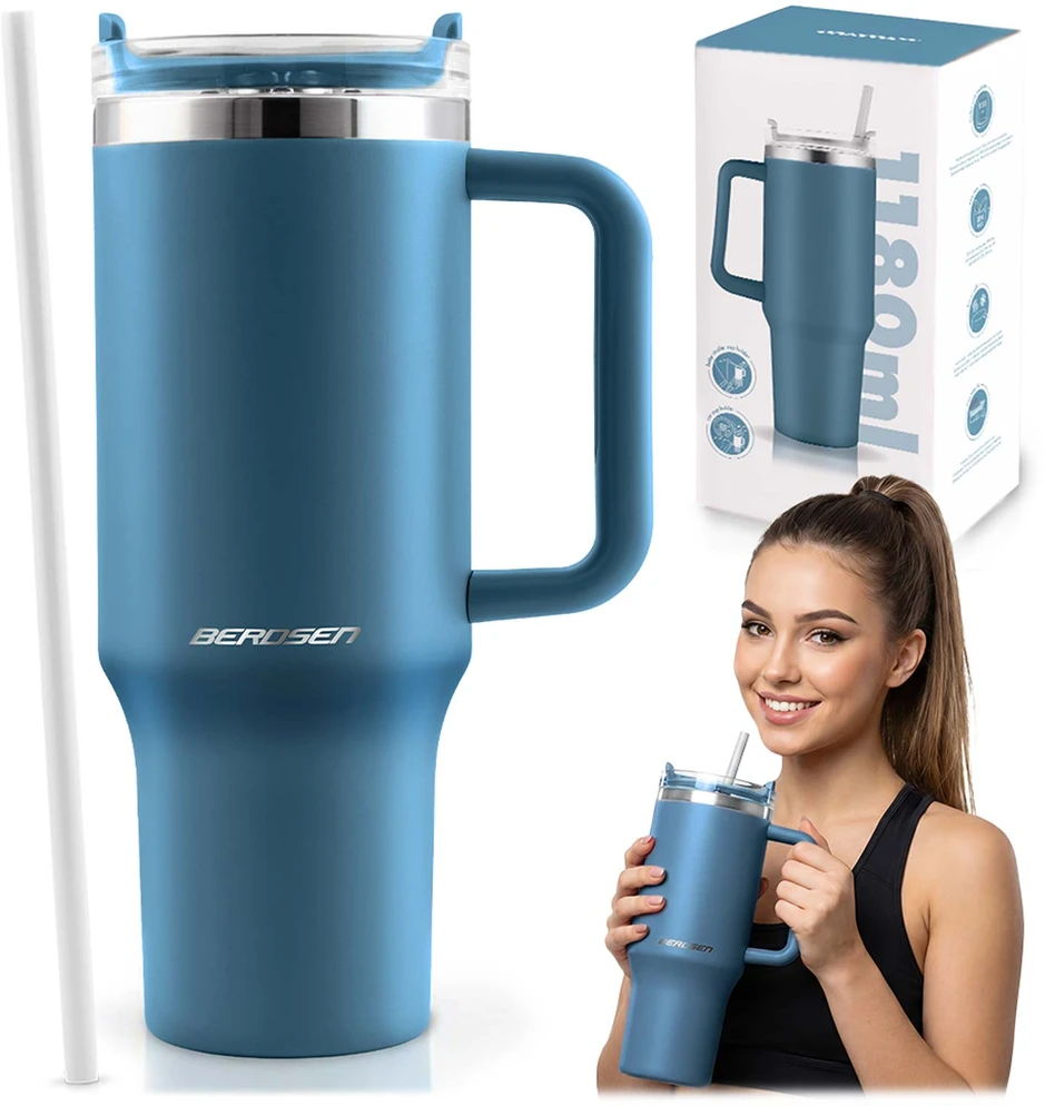 Berdsen mėlynas vakuuminis termosas-puodelis su šiaudeliu 1180 ml
