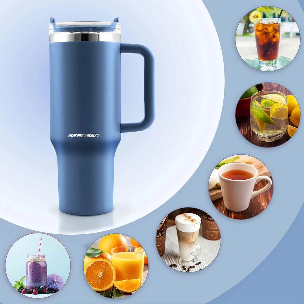 Berdsen mėlynas vakuuminis termosas-puodelis su šiaudeliu 1180 ml