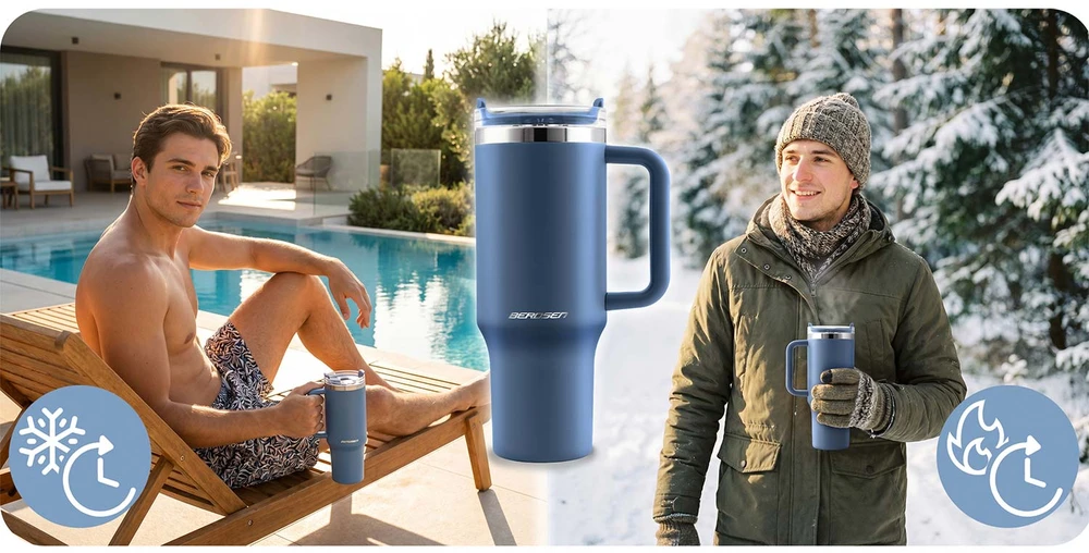 Berdsen mėlynas vakuuminis termosas-puodelis su šiaudeliu 1180 ml