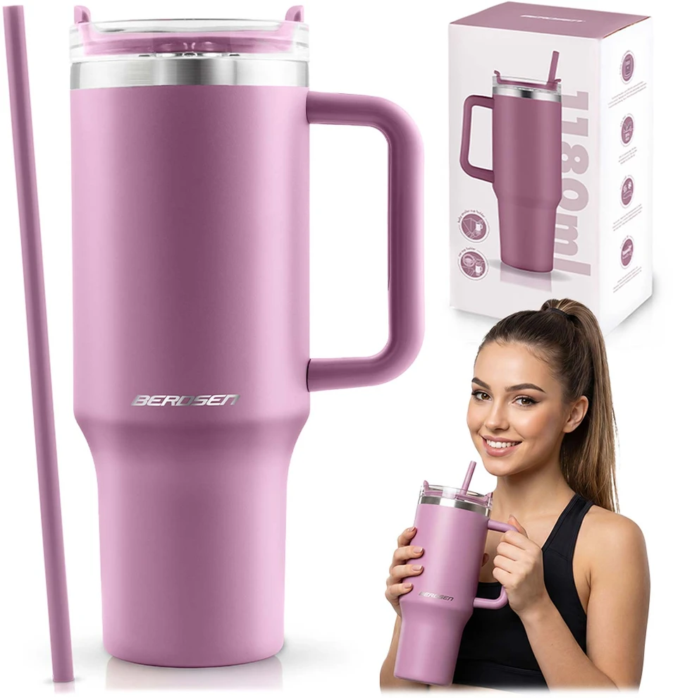 Berdsen rožinis vakuuminis termosas-puodelis su šiaudeliu 1180 ml