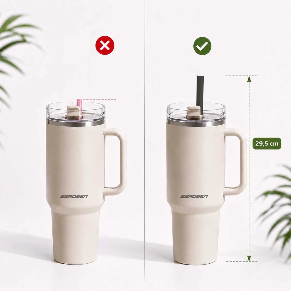 Berdsen rožinis vakuuminis termosas-puodelis su šiaudelių rinkiniu 1180 ml