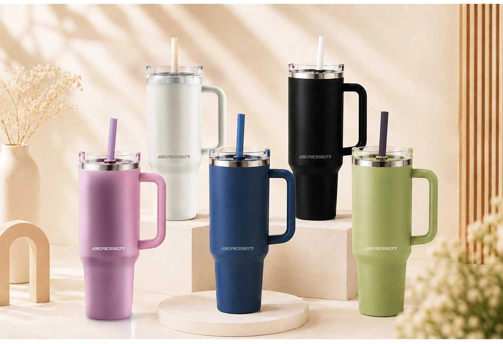 Berdsen rožinis vakuuminis termosas-puodelis su šiaudelių rinkiniu 1180 ml