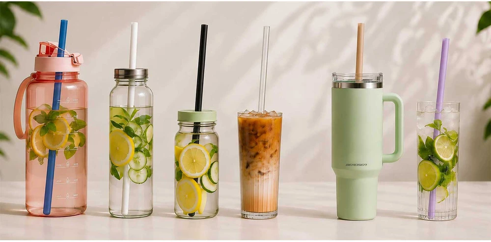 Berdsen rožinis vakuuminis termosas-puodelis su šiaudelių rinkiniu 1180 ml