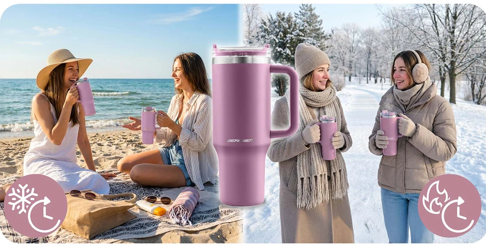 Berdsen rožinis vakuuminis termosas-puodelis su šiaudeliu 1180 ml