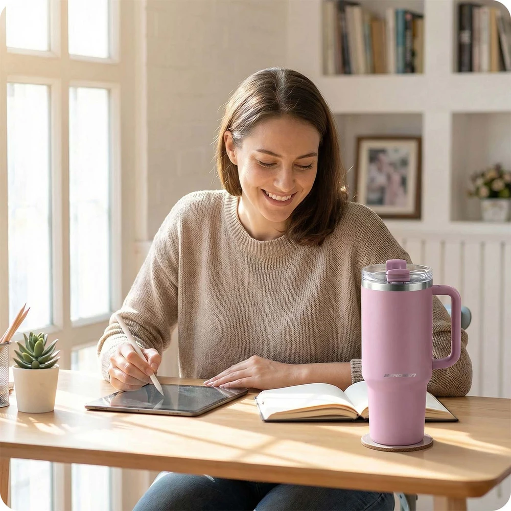 Berdsen rožinis vakuuminis termosas-puodelis su šiaudeliu 1180 ml