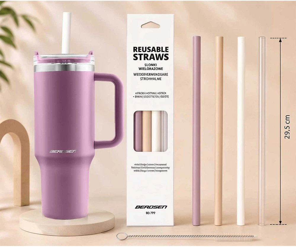 Berdsen rožinis vakuuminis termosas-puodelis su šiaudelių rinkiniu 1180 ml