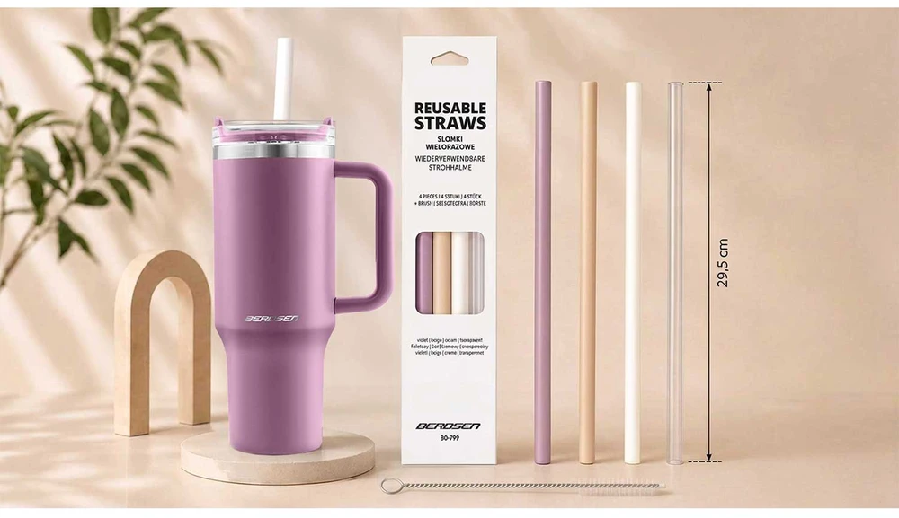 Berdsen rožinis vakuuminis termosas-puodelis su šiaudelių rinkiniu 1180 ml