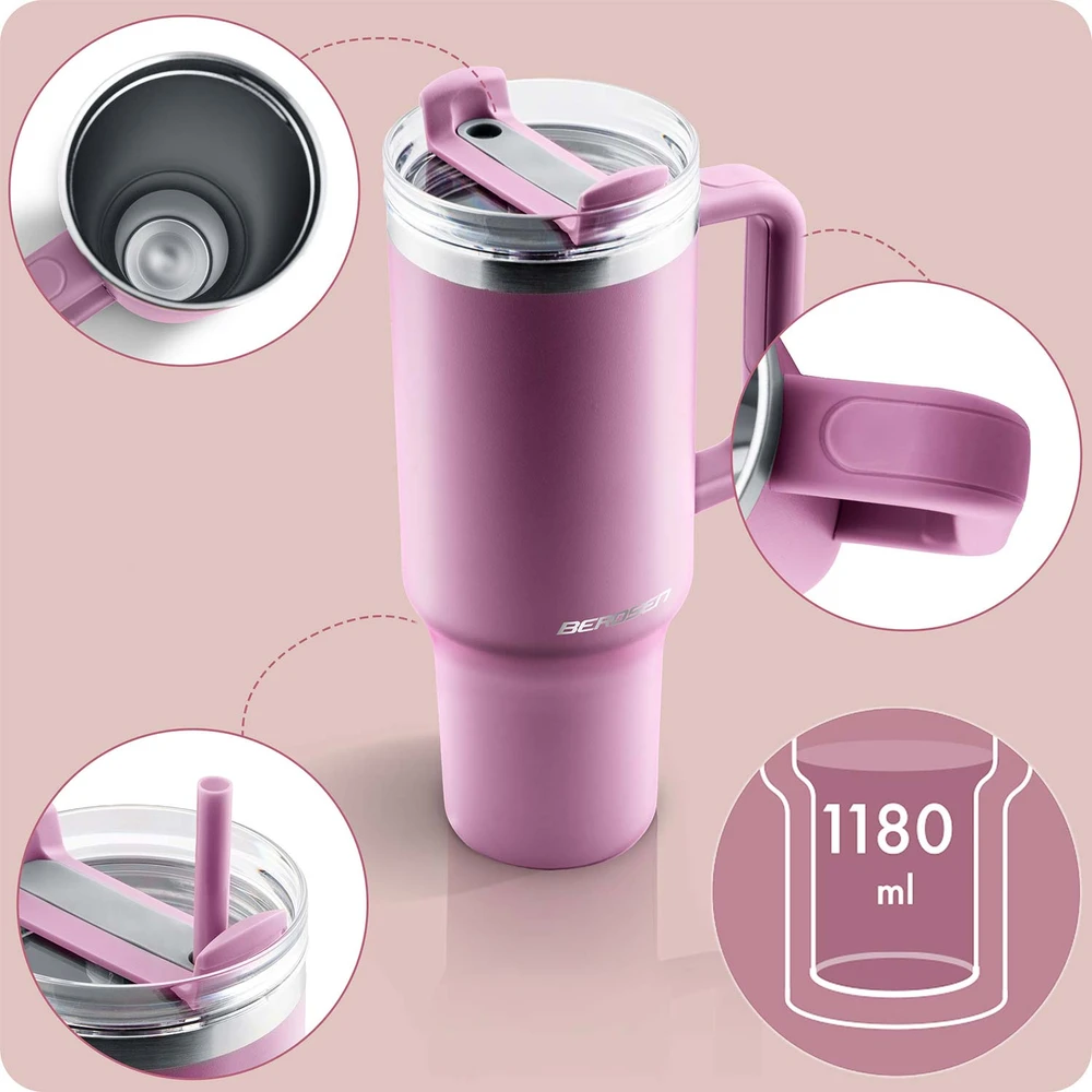 Berdsen rožinis vakuuminis termosas-puodelis su šiaudeliu 1180 ml