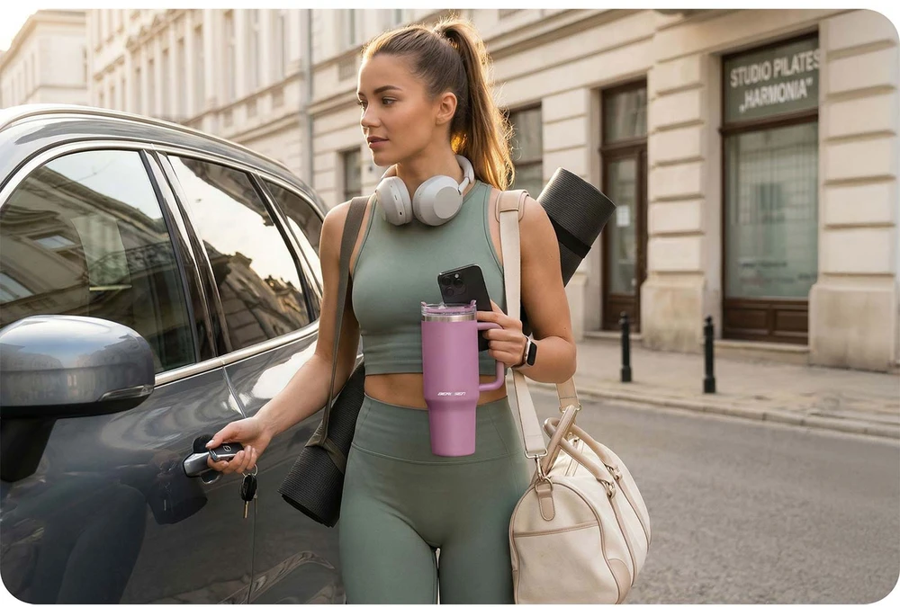 Berdsen rožinis vakuuminis termosas-puodelis su šiaudeliu 1180 ml