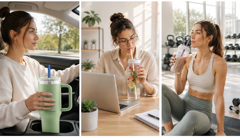 Berdsen rožinis vakuuminis termosas-puodelis su šiaudelių rinkiniu 1180 ml