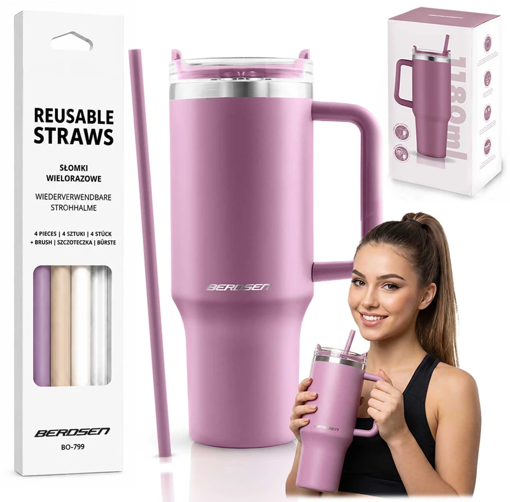 Berdsen rožinis vakuuminis termosas-puodelis su šiaudelių rinkiniu 1180 ml