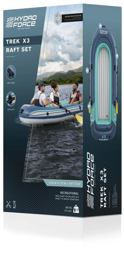 Bestway Pripučiama TREK X3 pontono valtis 3 kamerų, 360 kg apkrovai, su irklais ir pompa