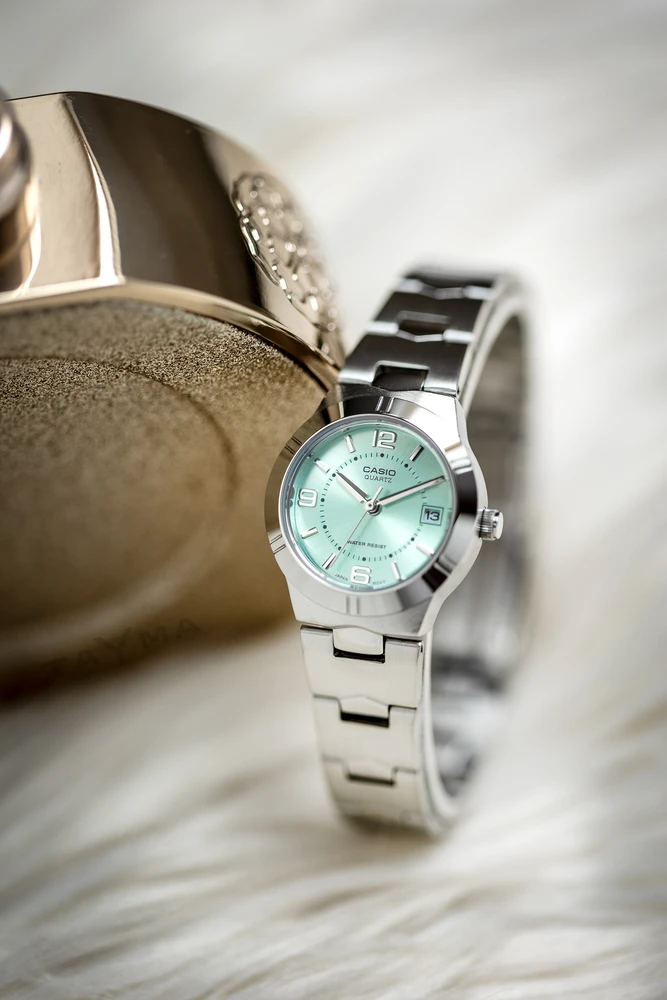 Moteriškas laikrodis Casio LTP-1241D-3A, su dėžute, žalsvas ciferblatas