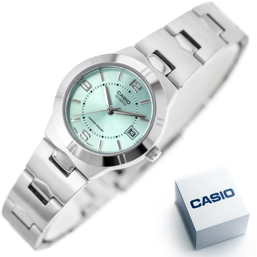 Moteriškas laikrodis Casio LTP-1241D-3A, su dėžute, žalsvas ciferblatas