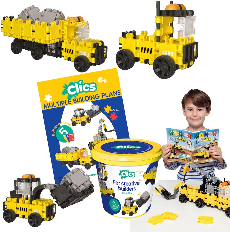 Clics Nano Clics Konstruktorių rinkinys 5in1 su 144 detalėmis, vaikams nuo 4 metų, statybinės mašinos, spalvotas