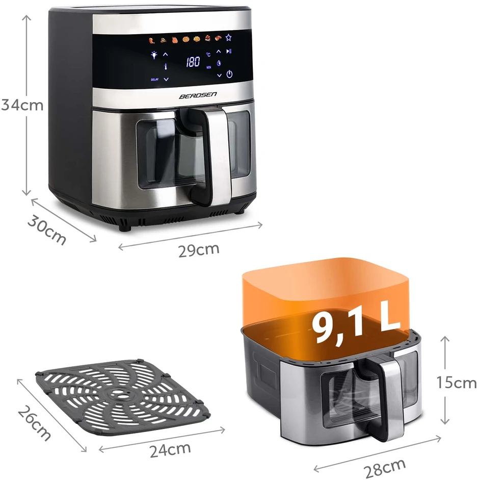Didelė bealiejė gruzdintuvė Berdsen BD-656, 9,1 l, 1700 W, sidabrinė