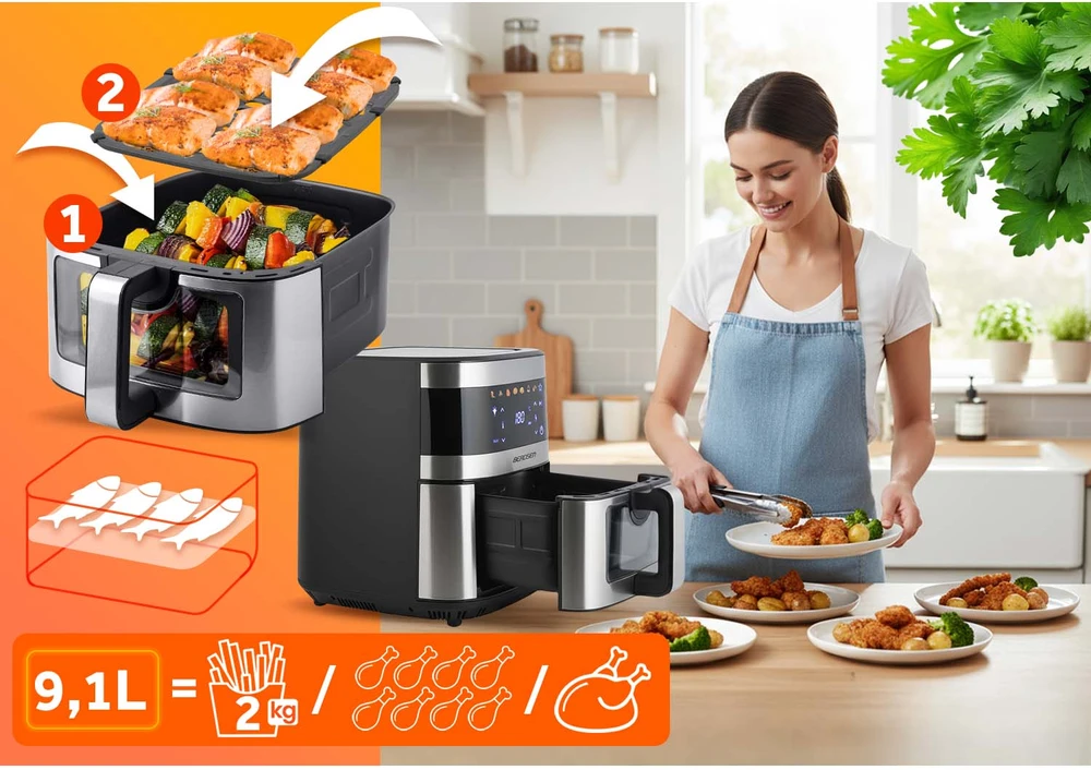 Didelė bealiejė gruzdintuvė Berdsen BD-656, 9,1 l, 1700 W, sidabrinė